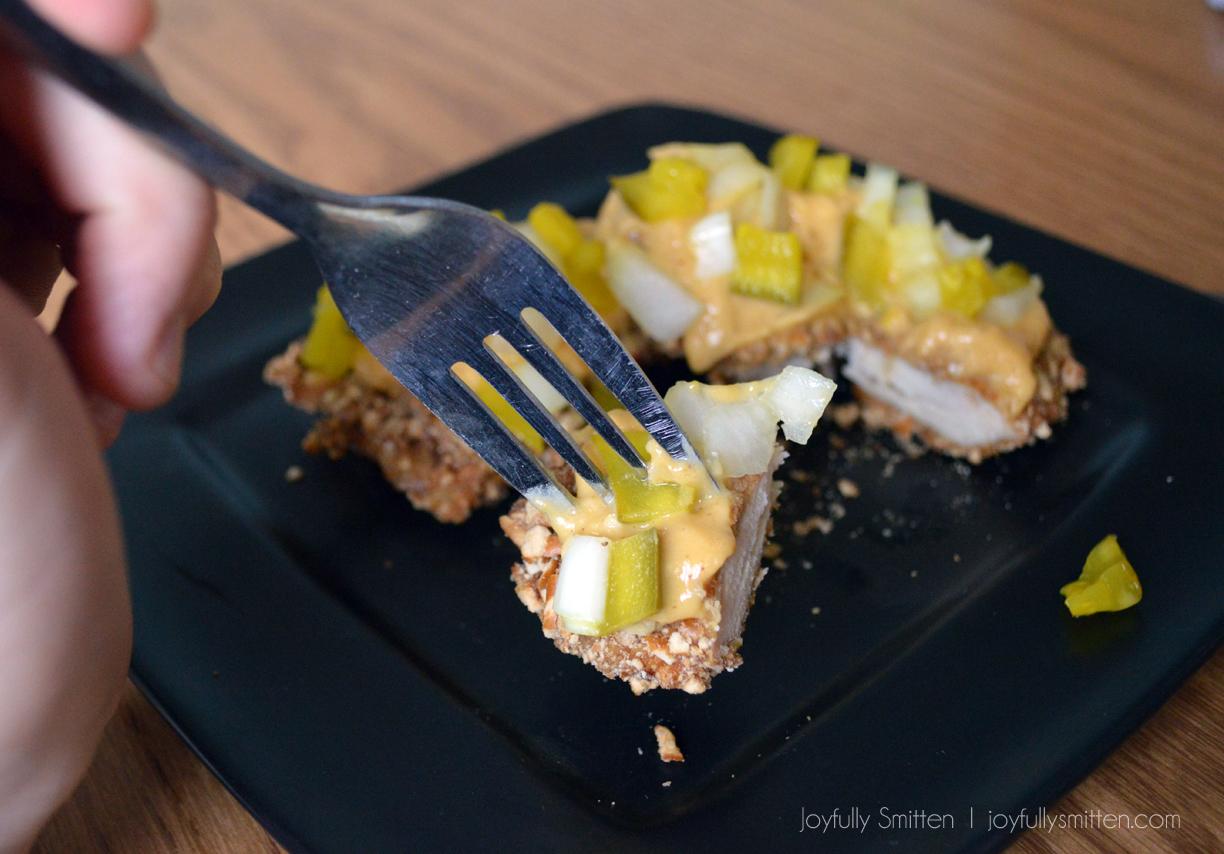Pretzel Crusted Chicken with Spicy Mustard Sauce! So delicious. Everyone we serve it to loves it! 