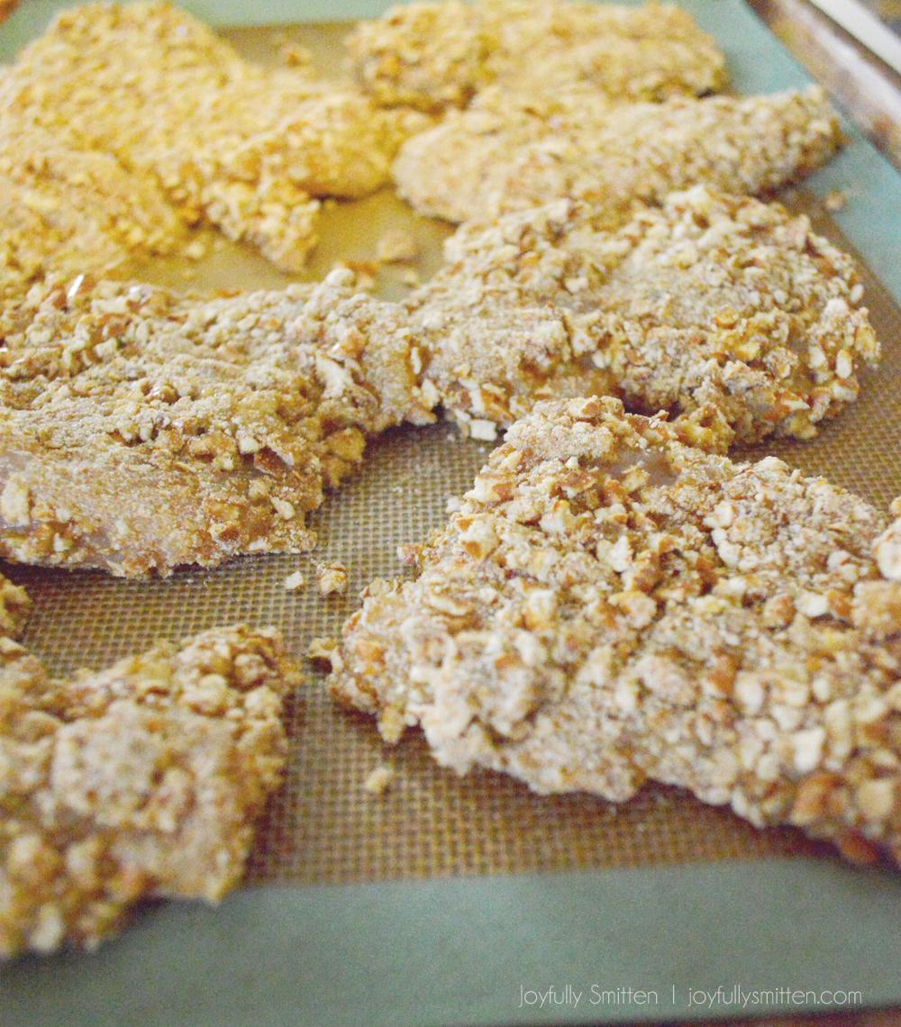 Pretzel Crusted Chicken with Spicy Mustard Sauce! So delicious. Everyone we serve it to loves it! 