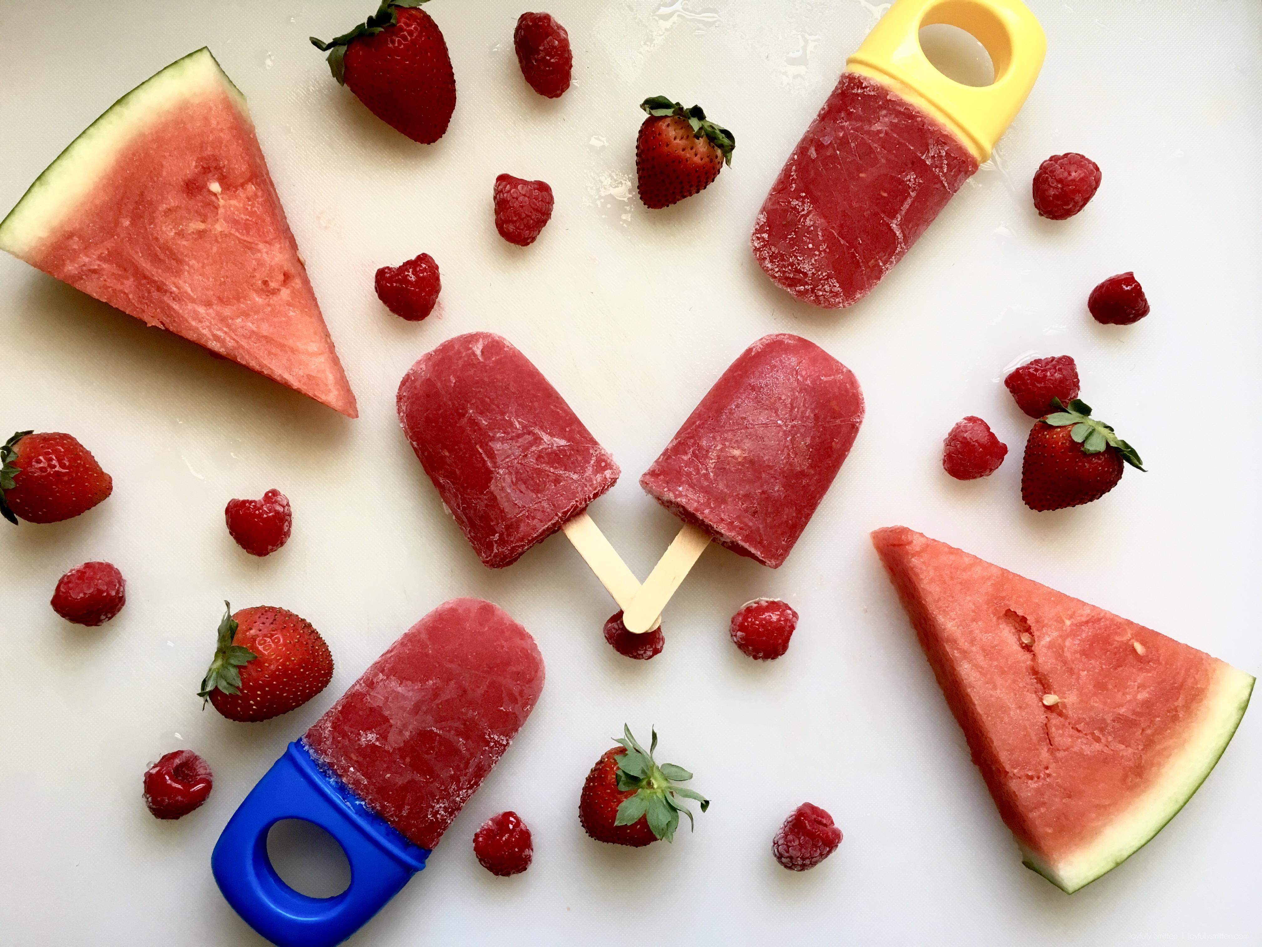 100% Fruit Popsicles that you can feel good about feeding your children. Watermelon + Raspberries + Strawberries. Hello Summertime Treat!